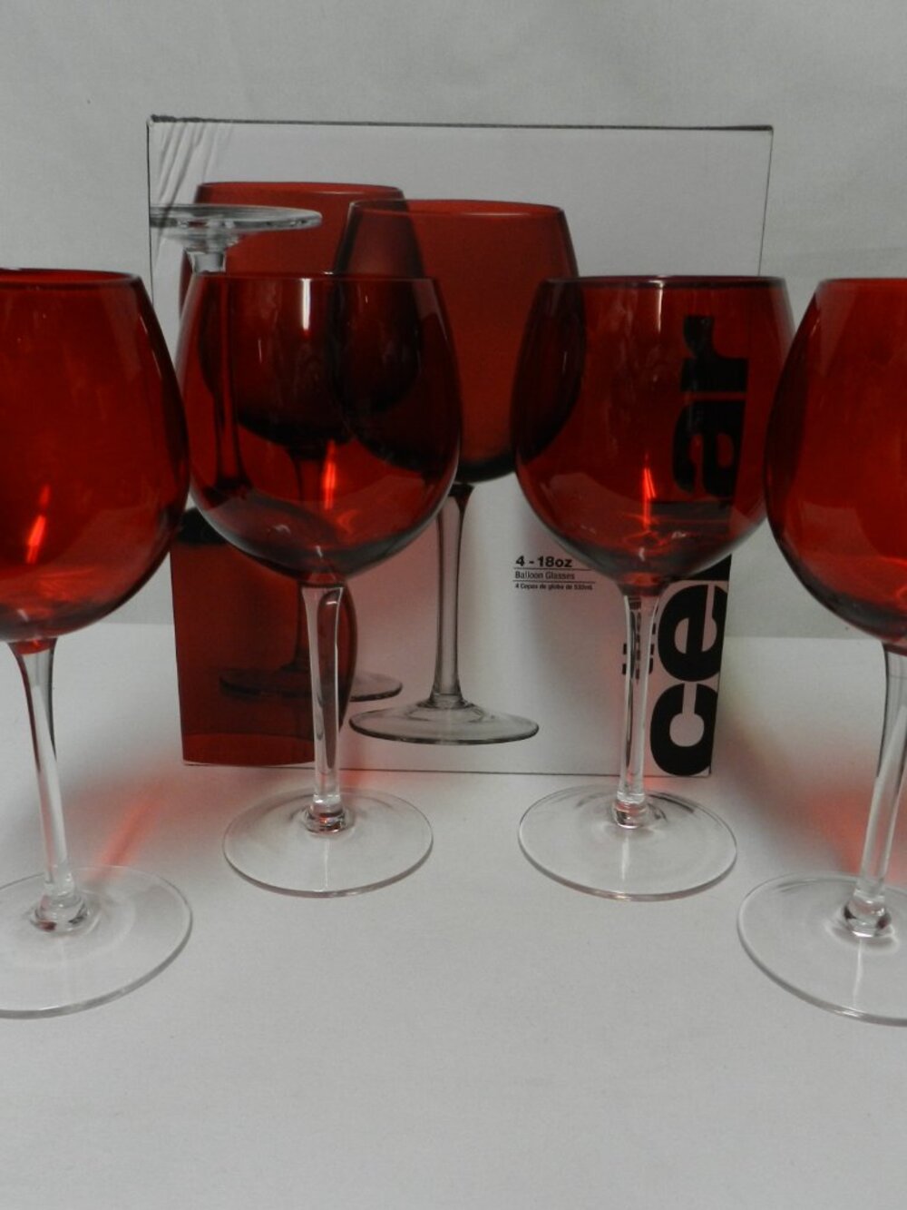 The Cellar Ruby Red color 18 oz Wine Balloon Glass spirits barware Set 4 w/ Box